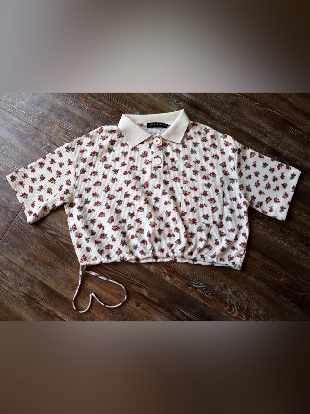 Vega Chang Red Rose Floral Cropped Polo Top Tie Detail Romantic Coquette Women S